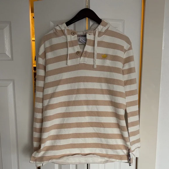 Adidas Striped Hooded Pullover Shirt in Cream & Tan - Picture 1 of 4